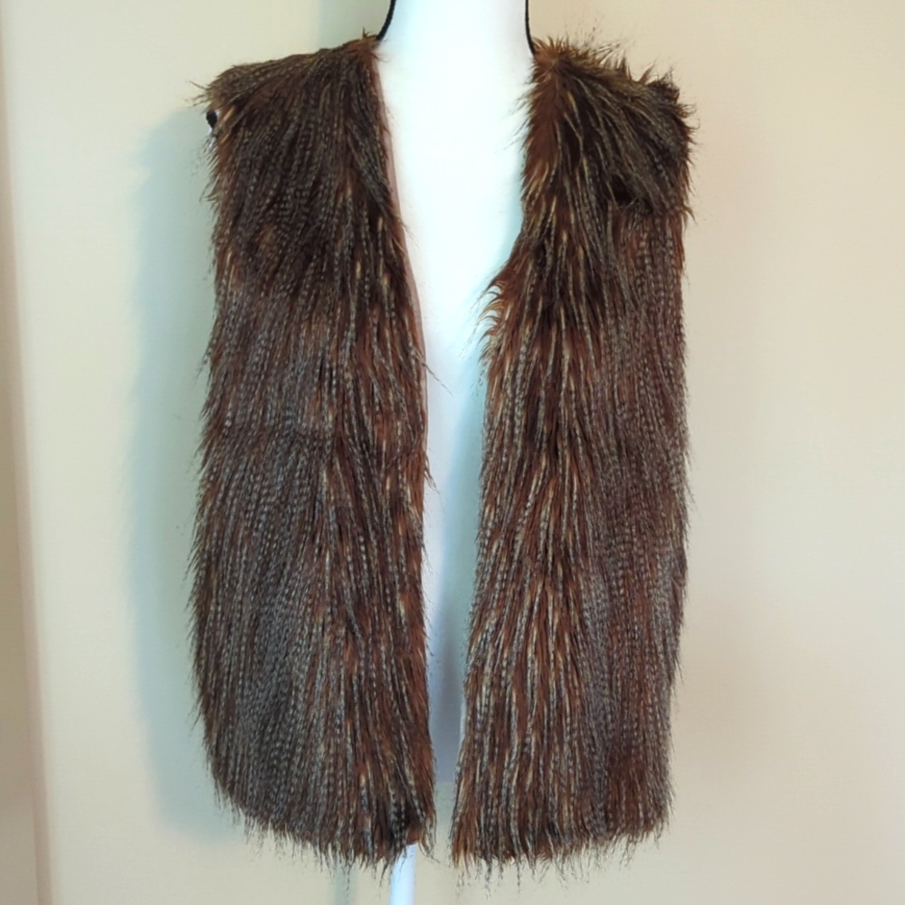 Pink Republic Faux Fur Open Front Fuzzy Sweater Vest LARGE Camel Tan Brown - Picture 16 of 16